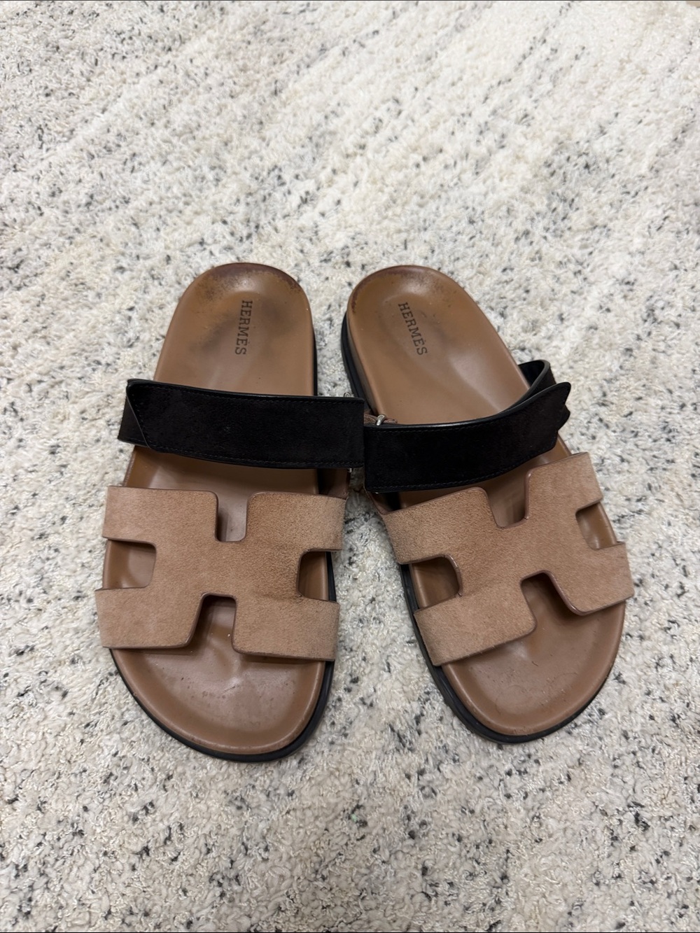 Women’s Hermes Chypre Brown Suede Oran Sandals with Black Strap
